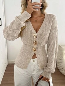 SHEIN LUNE كارديجان أنيق للنساء ذوات الحجم الكبير، كتف منسدل، خصر مشدود، أزرار معدنية، كنزة صوفية صوفية شتوية جديدة لعام جديد، ملابس شتوية دافئة وناعمة للنساء - لون مشمشي - مشاهدة 5