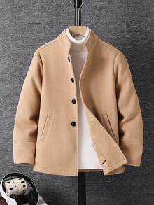 SHEIN Manteau parka à col montant en mélange de laine à manches longues pour garçons préadolescents, convient pour les déplacements, l'école, les loisirs, les voyages, les sports, l'automne/l'hiver - Nude - Voir 1