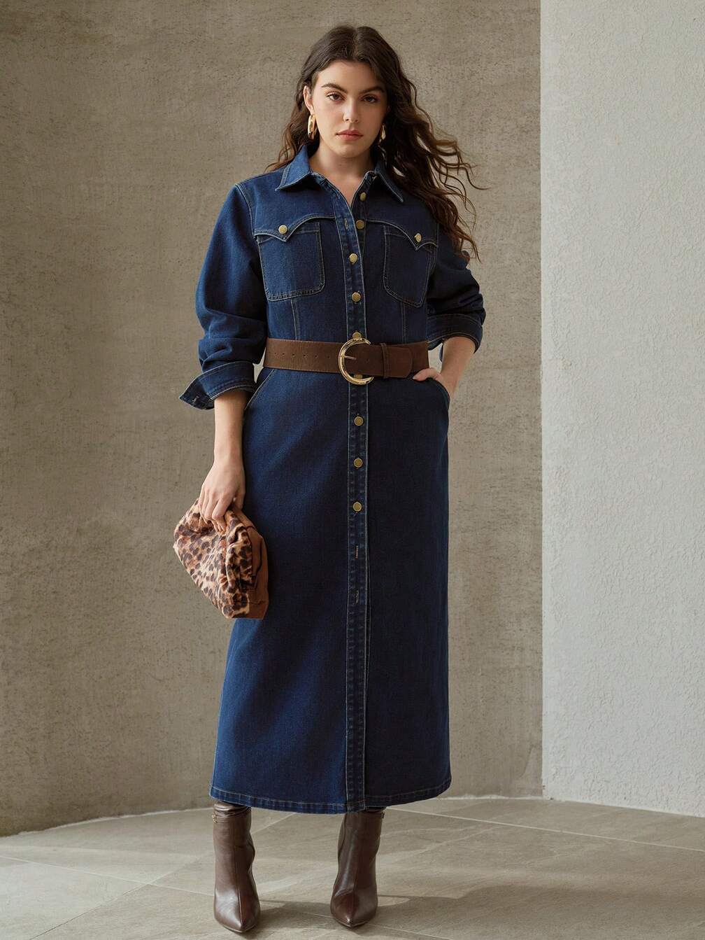 long sleeve denim dress plus size Women's Plus Size Denim Maxi Dress Blue Cotton Button Down Shirt Dress
