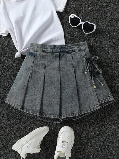 SHEIN ChillGRL 少女休闲复古水洗蓝短裙，侧边蝴蝶结系带，褶裥设计，舒适腰带，百搭牛仔短裙，新品上市