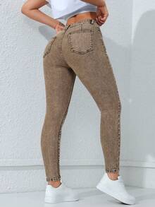 SHEIN PETITE Jeans vaqueros de mujer de corte slim con lavado casual - Marrón - Ver 2