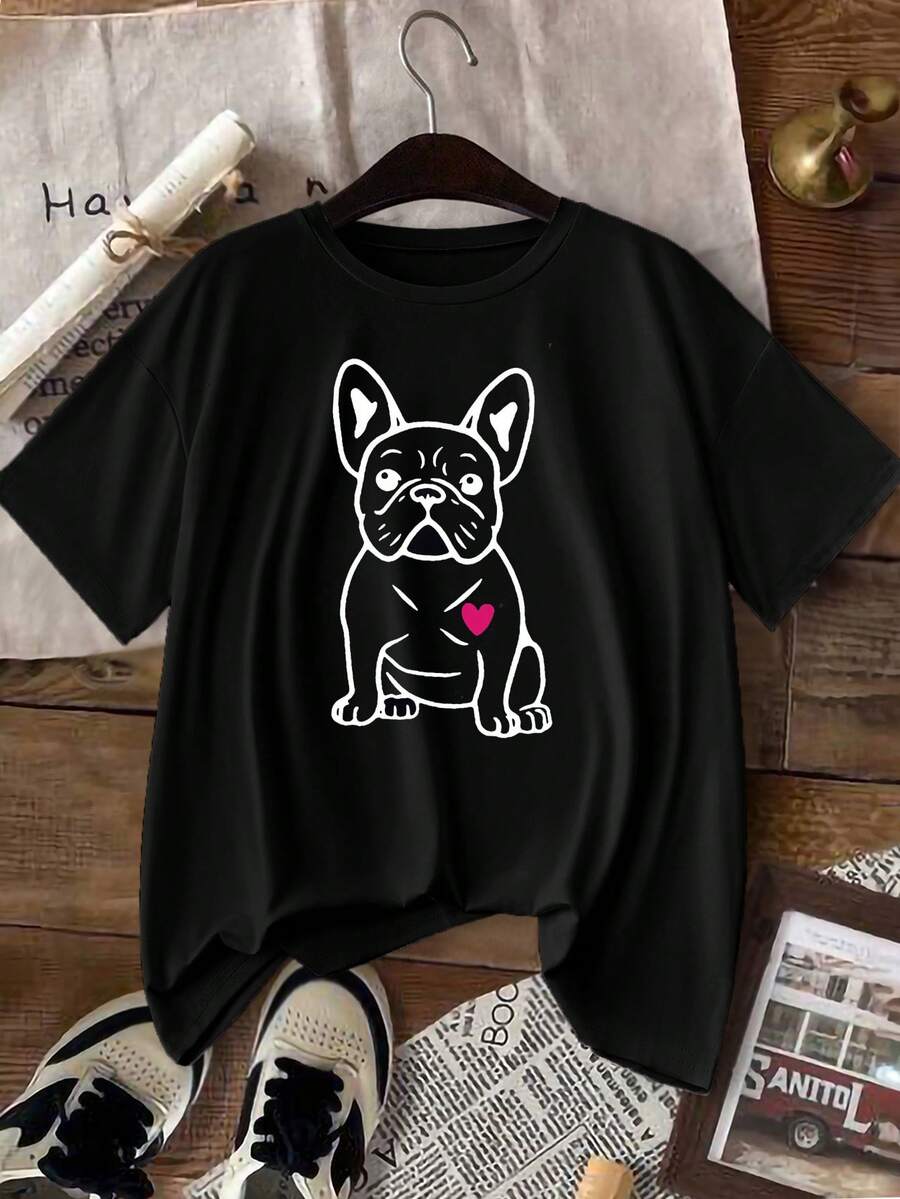 INAWLY Women's Cartoon Puppy Printed T-Shirt Graphic Tees Women Tops - Black - View 1
