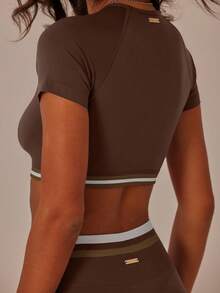 Aralina Women's Striped Round Neck Raglan Short Sleeve Cropped Top And Leggings Sports Suit - Chocolate Brown - View 4