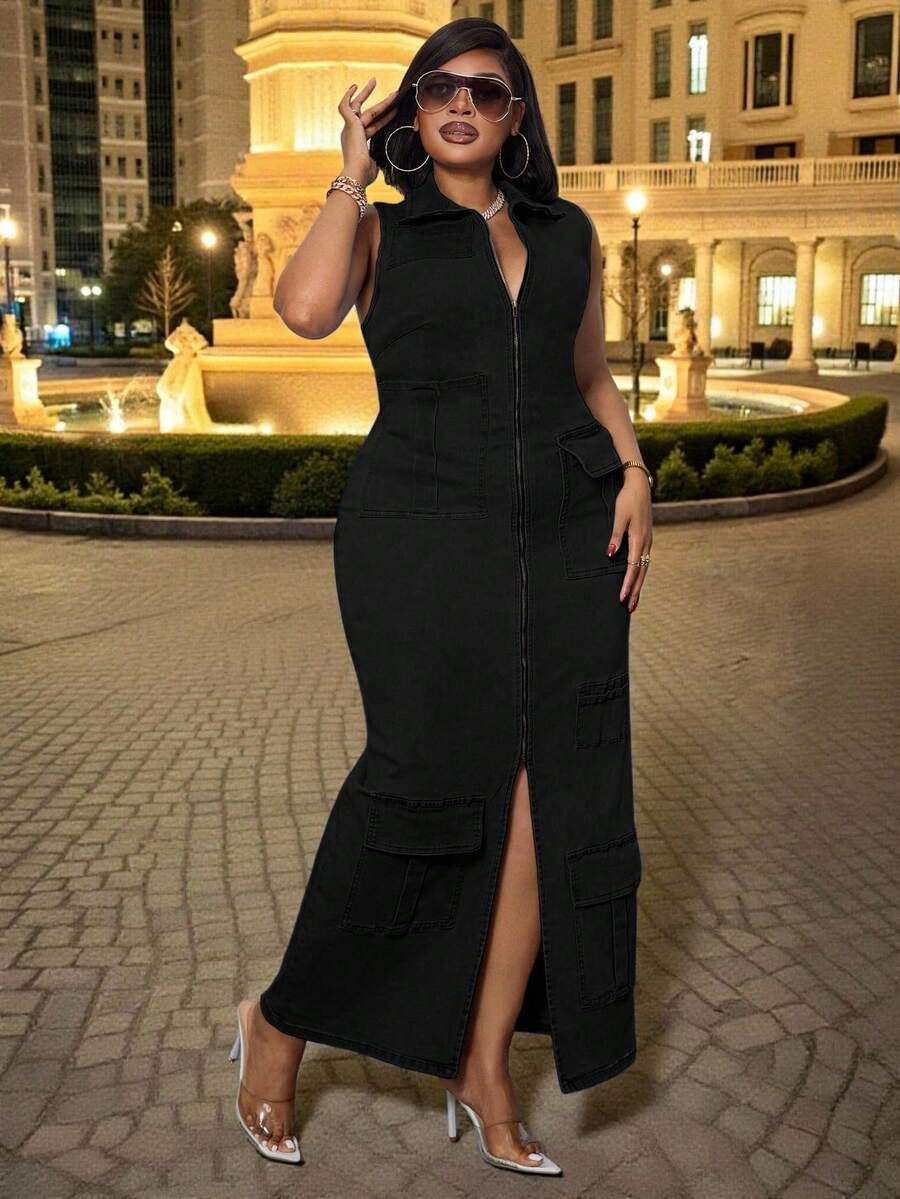 SHEIN SXY 大码波西米亚风牛仔弹力深蓝色性感优雅商务休闲无袖连衣裙,带口袋,女款 - 黑色 - 查看 1
