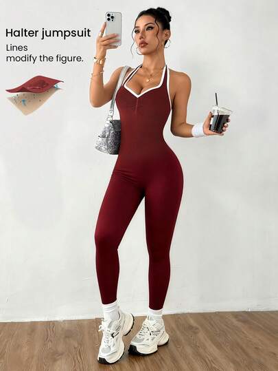 Dewbera 女士无缝修身露背性感运动连体裤，七分裤长，适合瑜伽、健身和日常穿着