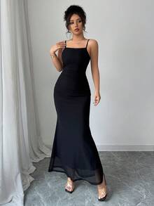 Elenzga Women Solid Color Fish Tail Hem Sling Mid-Calf Slim Fit Elegant Dress