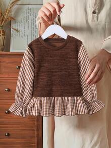 SHEIN Young Girl Casual Plaid Patchwork Ruffle Trim Blouse, Autumn - Multicolor - View 1