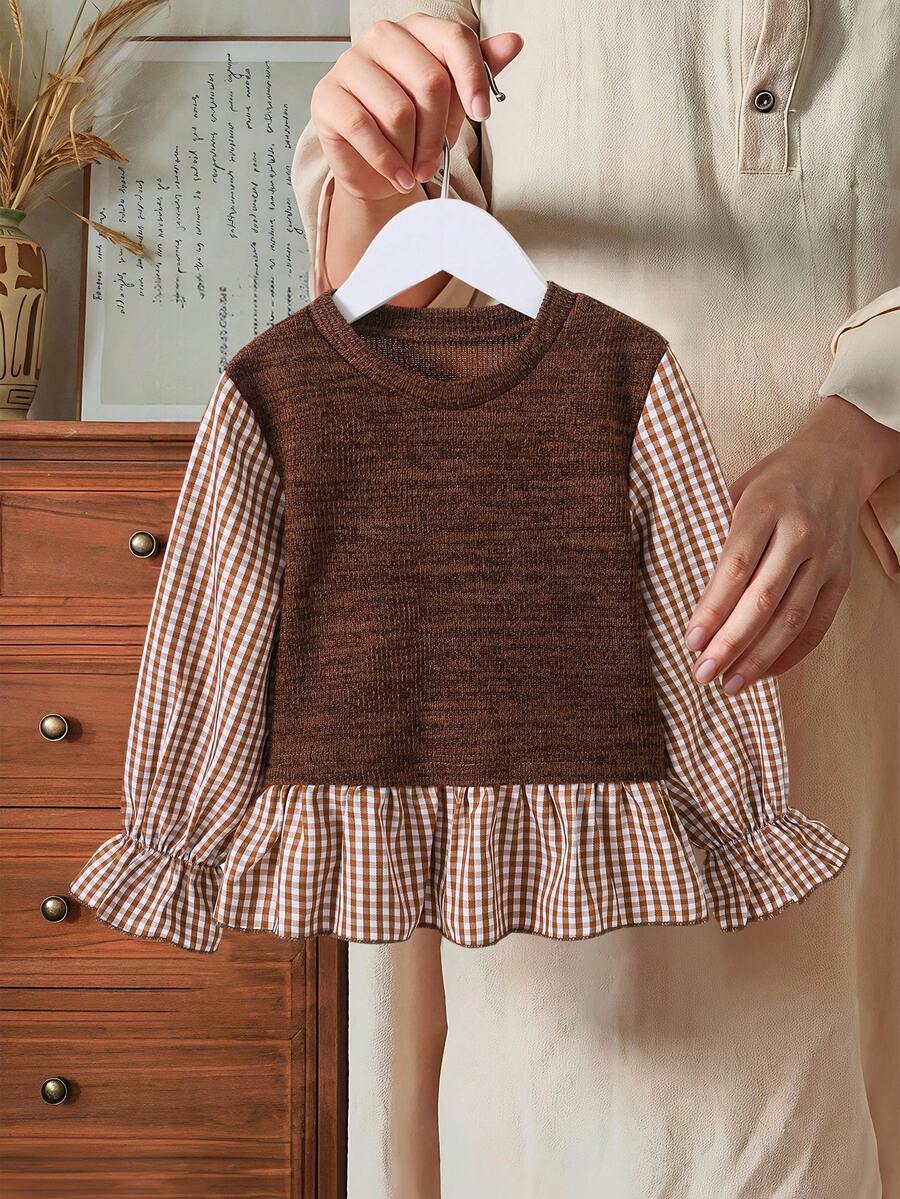SHEIN Young Girl Casual Plaid Patchwork Ruffle Trim Blouse, Autumn - Multicolor - View 1