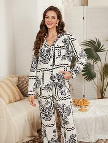 Serenescape Women's Casual Floral Print Lapel Long Sleeve Pajama Set With Pants, Black Pajama Sets For Women Long Sleeve Sleep Wear Women 2 Piece Set - Apricot - View 5
