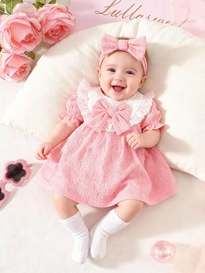 SHEIN Newborn Baby Pink Dress & Bow Headband Set, Cute Princess Style