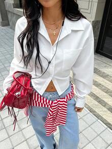 SHEIN EZwear Camisa suelta de manga larga con cordones blancos de encaje para salir, streetwear, Y2K - Blanco - Ver 6