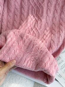 Tween GirlsHigh Neck Twist Texture Minimalist Versatile Daily Commute Sweater Dress, Autumn/Winter Pink Sweater Dress Girls Sweater Dress Long Sleeve Pink Dress Turtleneck Sweater Dress Pink Cable Knit Dress Kids Turtle Neck Sweater Tween Pink Dress - Pink - View 6