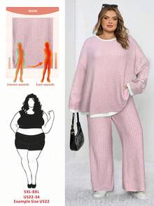 SHEIN CURVE+ 2 件套加大码撞色边罗纹针织圆领长袖上衣和开衩长裤，女士冬装 - 淺粉色 - 查看 1