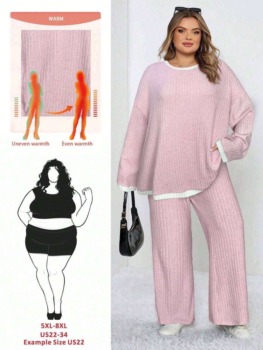 SHEIN CURVE+ 2 件套加大码撞色边罗纹针织圆领长袖上衣和开衩长裤,女士冬装 - 淺粉色 - 查看 1