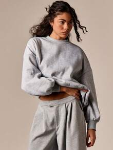 AiiRZ Oversized Balloon Sleeve Crew Neck Sweatshirt Pullover Casual Loose Fit Long Sleeve Winter Fall Comfort Loungewear Basic Essential - Light Grey - View 6