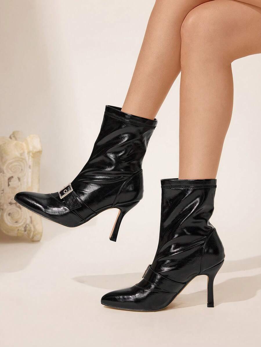 CUCCOO CHICEST Women's Casual Buckle Decor Mid-Calf Boots, Minimalist Style For Autumn/Winter For Christmas - Black - View 1
