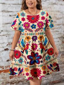 Mellowie 音乐节休闲简约花卉印花宽松圆领短袖大码连衣裙，适合春夏季