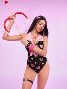 女士心形月亮印花系带性感露背连体衣 - 粉色 - 查看 4