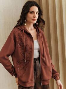 Anewsta Women's Hooded Zip-Up Sweatshirt With Elegant Floral Embroidery And Sequin Accents, Long Sleeve With Pockets, Suitable From Spring To Summer - Rust Brown - View 6