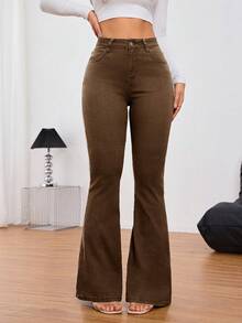SHEIN Tall 女款高腰口袋休閒百搭喇叭褲牛仔褲，秋季，女款秋季服飾，女款冬季服飾，高個子女性 - 咖啡棕 - 查看 5