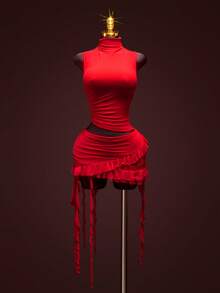 SHEIN ICON 两件套女士婚礼生日派对度假情人节黑色纯色高领无袖上衣和褶皱荷叶边半裙性感两件套 - 紅色 - 查看 1