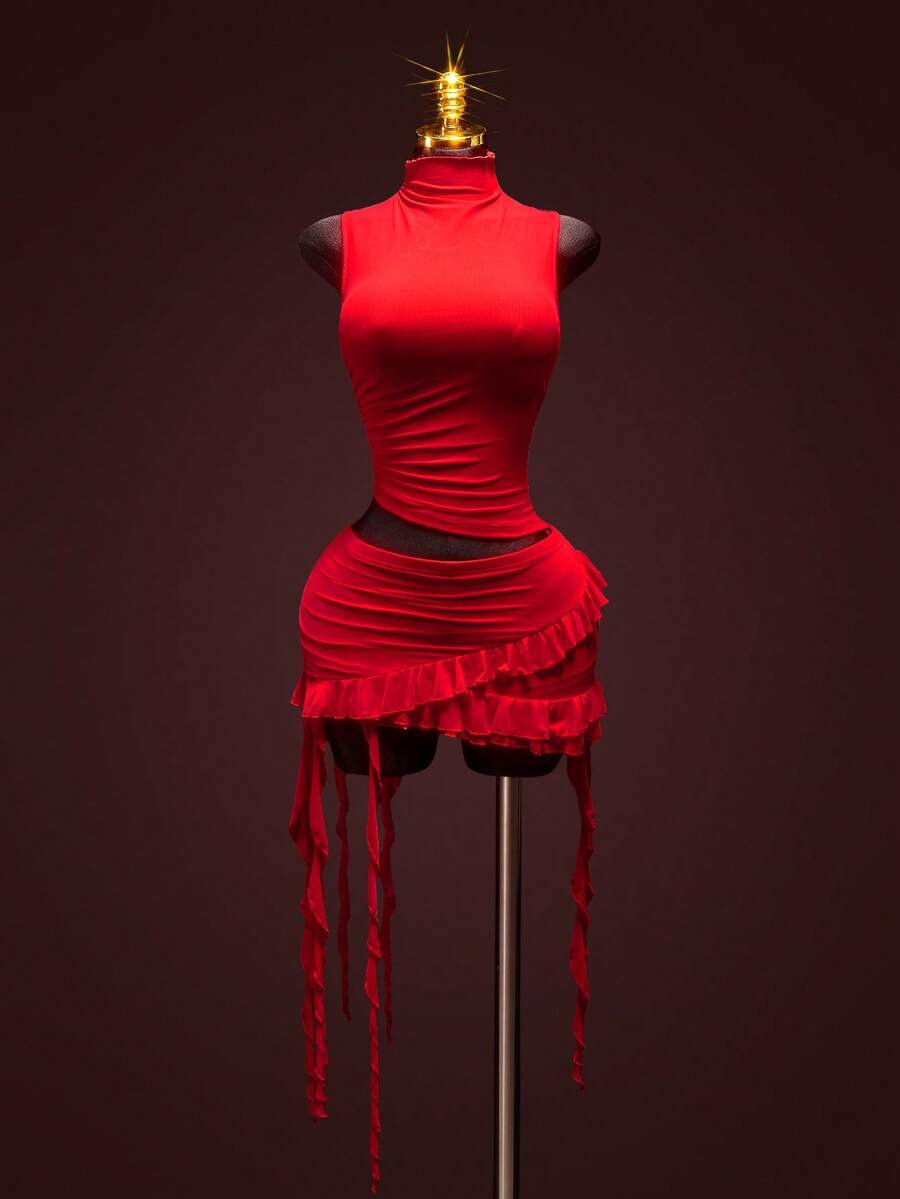 SHEIN ICON 两件套女士婚礼生日派对度假情人节黑色纯色高领无袖上衣和褶皱荷叶边半裙性感两件套 - 紅色 - 查看 1