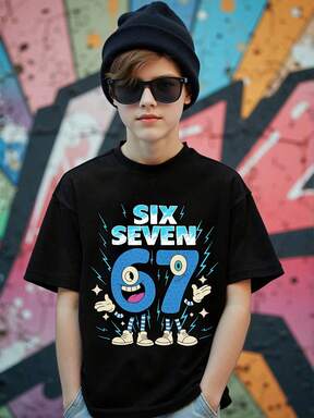 SHEIN Boys' Casual Creative Cute Big Eye Blue Number 67 Hand Gesture Graphic Print All-Match Short Sleeve T-Shirt, Cozy Summer & Fall Styles, Suitable For Boys Daily Casual Wear