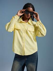 Aveloria Affinna Elegant European Style Loose Fit Drop Shoulder Striped Decorative Flap Design Comfortable Women Blouse For Commuting