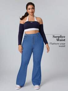 Flexra Quần jeans ống loe denim xanh cỡ lớn cho nữ, co giãn và thon gọn - Màu xanh lam - Xem 3