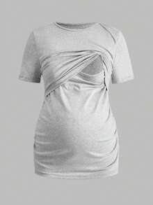 Modmama 孕妇纯色圆领短袖休闲哺乳上衣