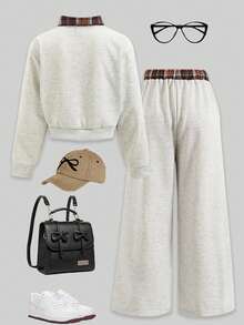 SHEIN ChillGRL Set de 2 piezas de ropa informal de moda para niñas preadolescentes, para otoño/invierno - Diseño suelto de camisa de cuello con parches de cuadros marrones en contraste de color 2 en 1 con sudadera corta de cuello en V, combinado con pantalones anchos de pierna ancha con parches de color en contraste, adecuado para uso diario, escuela, viajes, casual, vacaciones, reuniones con hermanas, fotografía callejera en otoño/invierno - Gris - Ver 2