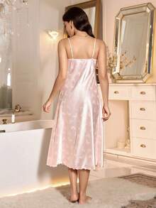 LuxeNights Butterfly Jacquard Faux Silk Contrast Lace Camisole Nightgown And Robe Set,Pink And White Elegant Autumn Sleep Satin Sleepwear Lingerie Night Gown - Baby Pink - View 4