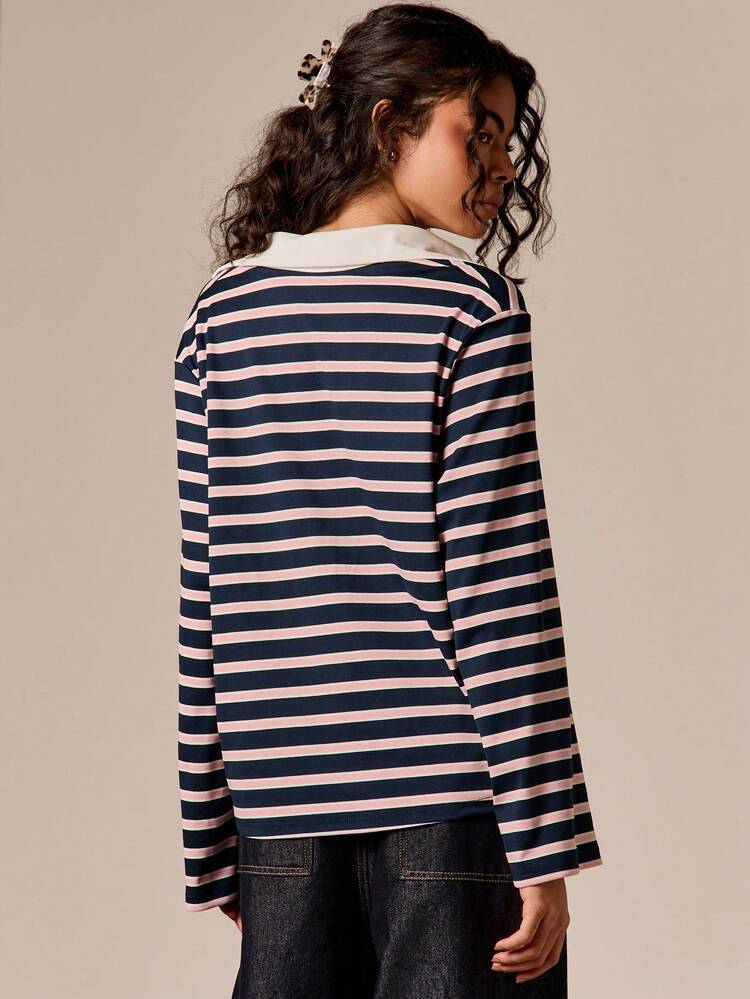 Oversized Striped Rugby Polo With Contrast Collar