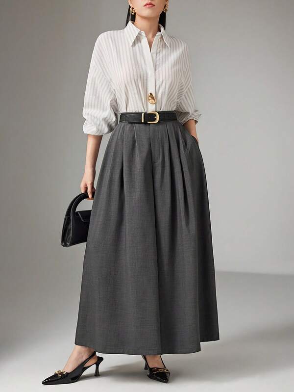 Heiryn Women's Elegant Gray Autumn Business Casual Office High-Waisted Wide-Leg Pants Skirt, A-Line Long Pants For Daily Dates Birthday Party