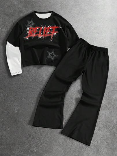 Conjunto de 2 en 1 de camiseta casual de manga larga con cuello redondo y estampado de diseño creativo para hombre