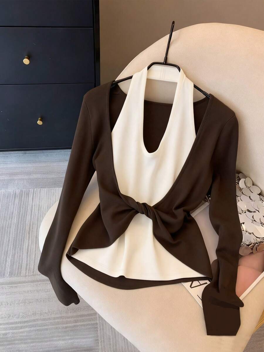 Franclia Elegantes Damen Top für den Alltag, farblich abgesetztes Top, Neckholder Top, langärmeliges Top mit Twist-Detail, zweiteiliges Herbst-/Winter Top - Braun - Übersicht 1