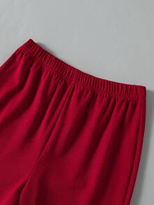 SHEIN ChillGRL Ensemble de 2 pièces pour filles de 8 à 12 ans : T-shirt à manches longues col rond blanc avec décoration 3D de cerises mignonnes, pantalon rouge moulant évasé, tenue confortable et mignonne pour la rentrée scolaire, automne - Rouge - Voir 4