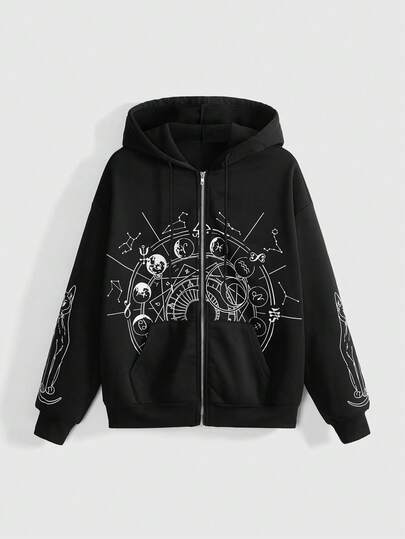 Gothic Mysterious Cat Print Zip-Up Hoodie