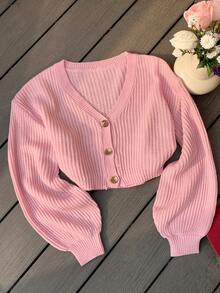 SHEIN EZwear Women Spring Daily Solid Color Long Sleeve Cardigan,Knitted Sweater In Fall/Winter - Baby Pink - View 5