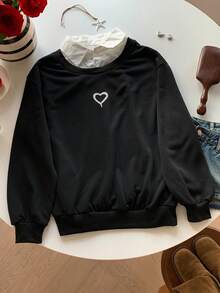Comfortcana Colourblock Heart Print Contrast Collar Sweatshirt - Black - View 6