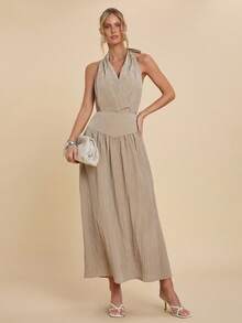 COSMINA Women's Light Khaki Crinkled Textured Fabric Maxi Casual Skirt,Casual For Women - Khaki - View 3