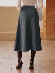 Modelyn Solid Color Faux Suede Flared Elegant Long Skirt For Women - Grey - View 2