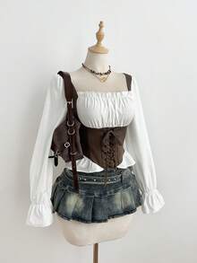 Elamini 女士春秋季休闲时尚街头风度假风方领荷叶袖系带修身衬衫 - 白色 - 查看 3