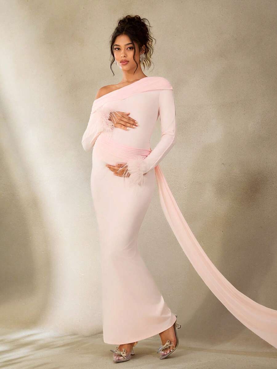 SHEIN 优雅孕妇派对礼服，拼接设计，长袖，不对称领口，双层，腰部系带，前短后长的鱼尾裙摆 - 粉色 - 查看 1