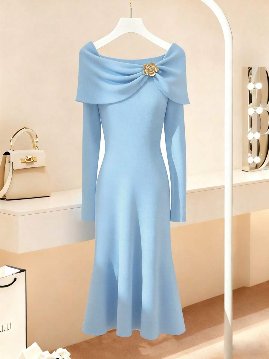 GlowEve Autumn Metal Flower Decor Off-Shoulder Long Sleeve Sweater Dress For Women,Light Blue Elegant Fashionable Casual Comfortable Date Winter Outfit - Blue - View 1