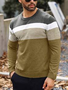 Manfinity Homme 男士撞色拼接圆领长袖毛衣 - 芥末黃 - 查看 3