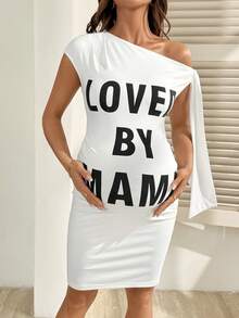 SHEIN Pregnant Women Slogan Print Asymmetric Ruffle Trim Fitted Fashionable White One Shoulder Summer Casual Maternity Dress One Sleeve Dama Momo Dress - White - View 7
