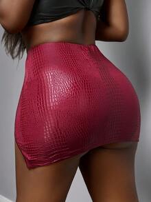 Slaydiva 早春新款，春夏音乐节，情人节，休闲，简约基础款Y2K风，街头甜美，网红热销，日常约会，辣妹风，性感，透视，低腰，大开衩，搭配防光打底裤，迷你裙，酒红色蛇纹PU女士半身裙 -C - 酒紅色 - 查看 3