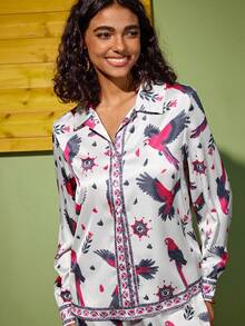 Felipe Marques Conjunto de pijama de mujer de manga larga con botones delanteros y estampado completo, cómodo y transpirable - Multicolor - Ver 5