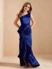 Girls' Solid Color Spaghetti Strap Square Neck Fitted Slit Ruffle Hem Dress, Suitable For Wedding, Prom, Birthday Party, Christmas Event - Navy Blue - View 6